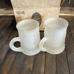 2 Indiana Glass Tiara Satin Frosted Crystal Diamond Point Tankards Mugs